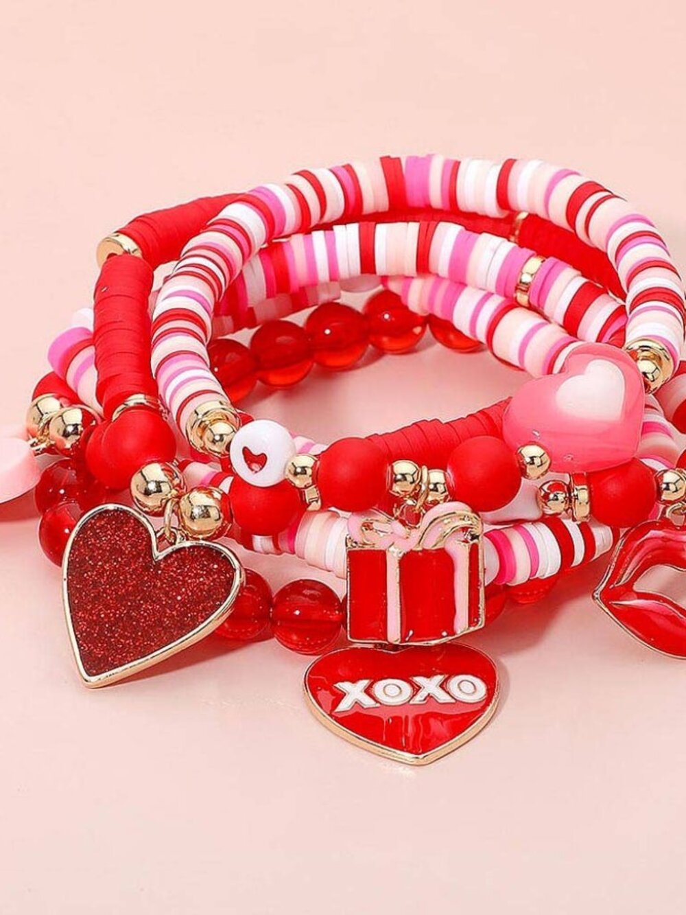 Valentine Heart Charm Beaded Stretch Multi Layered Bracelets
